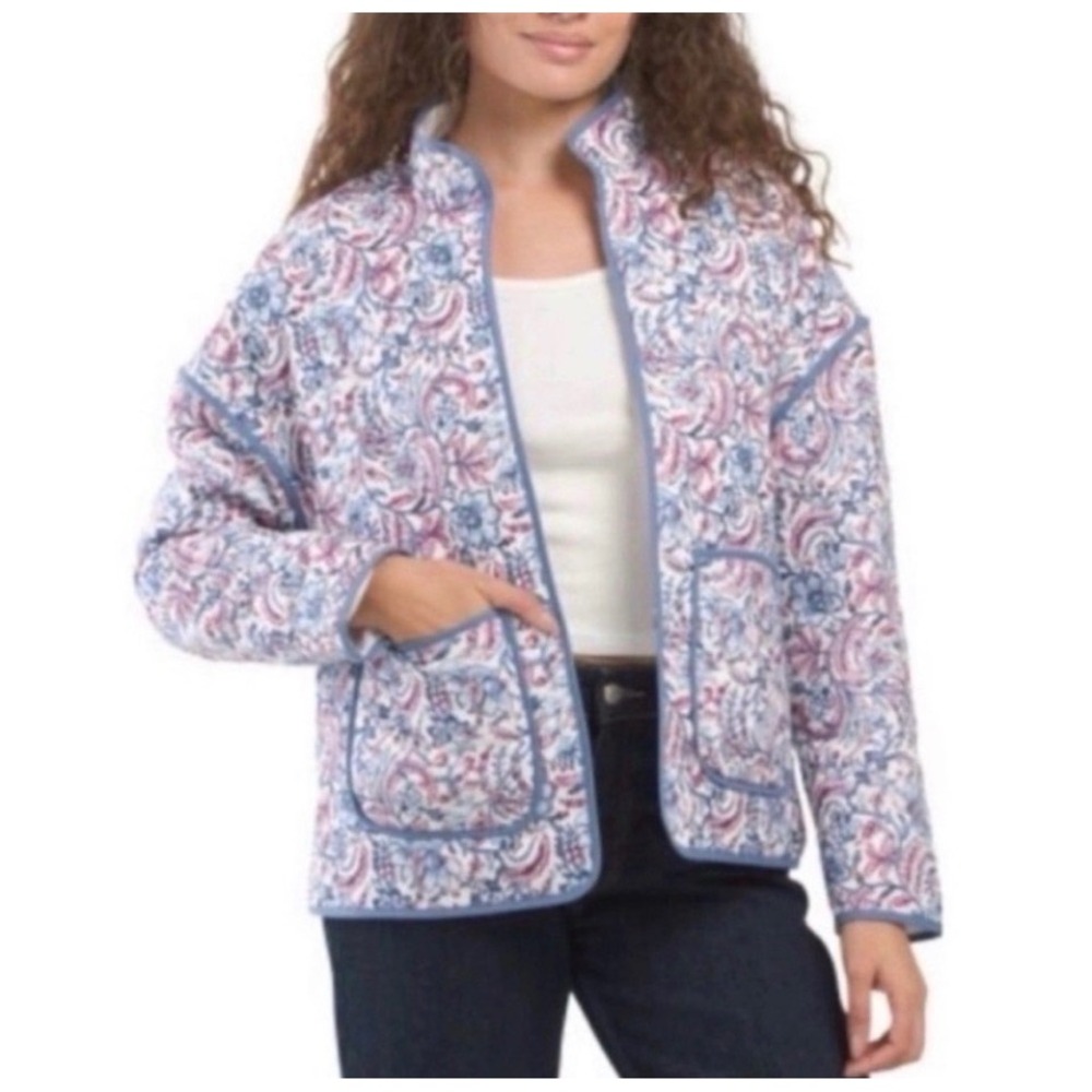 7 For All Mankind Quilted Jacket Women Large Blue Paisley Floral Grandmacore
